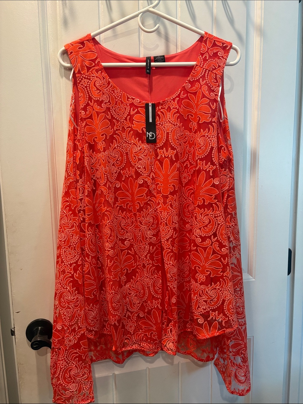 Orange sleeveless with intricate floral lace overlay with high low hem NWT